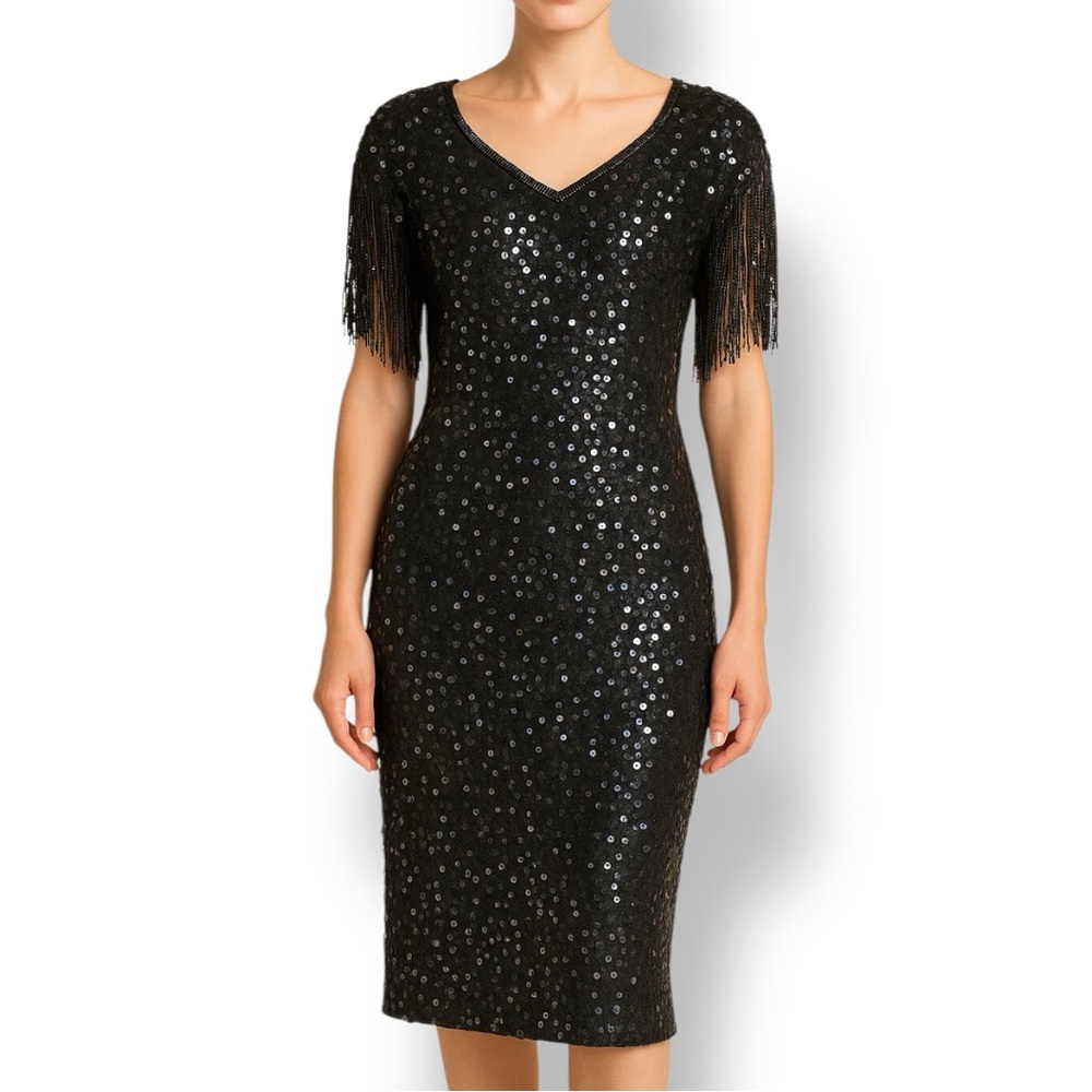 Vintage 80s Cocktail Dress Silk Black Metallic Sequin Fringe Hemmed Sleeve 10